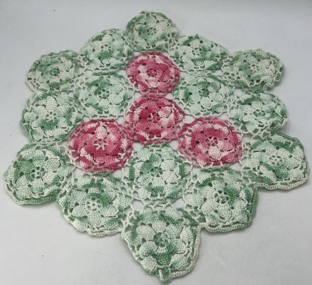 Vintage Hand Crocheted Doily Pink Green Flower Round 14"